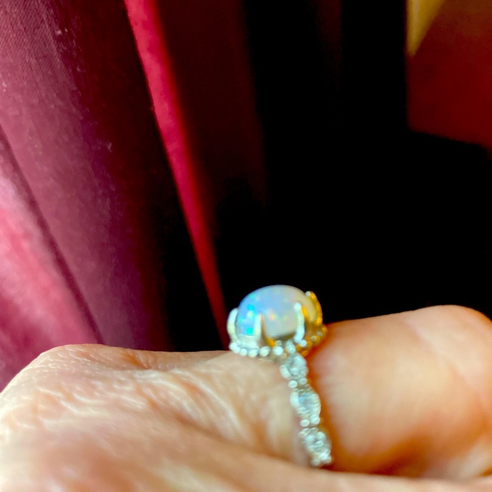 Fire White Opal ring with diamonds set in Sterling  size 5 3/4 - Picture 2 of 5